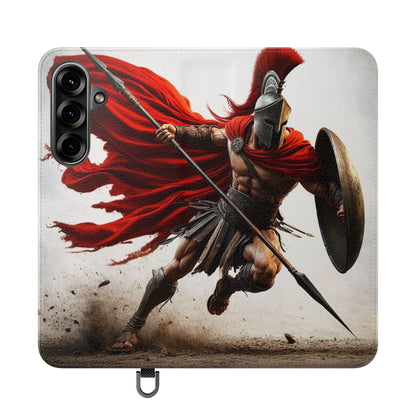 Spartan Warrior Flip Phone Case - Leather Wallet Folio with Red Cape Battle Design