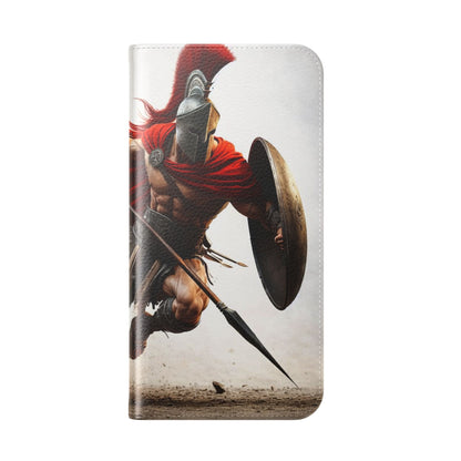 Spartan Warrior Flip Phone Case - Leather Wallet Folio with Red Cape Battle Design