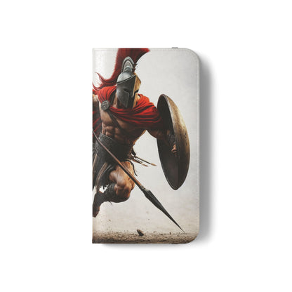 Spartan Warrior Flip Phone Case - Leather Wallet Folio with Red Cape Battle Design