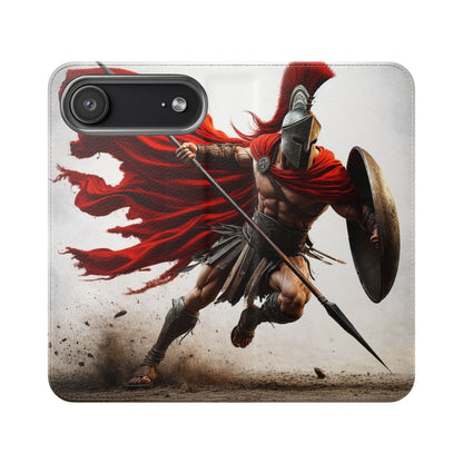 Spartan Warrior Flip Phone Case - Leather Wallet Folio with Red Cape Battle Design