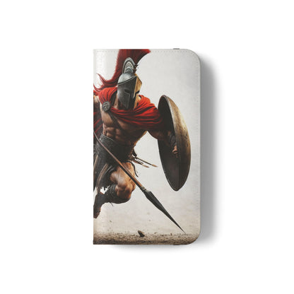 Spartan Warrior Flip Phone Case - Leather Wallet Folio with Red Cape Battle Design