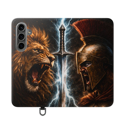 Warrior Lion & Spartan Helmet Flip Phone Case  Leather Folio Wallet Cover