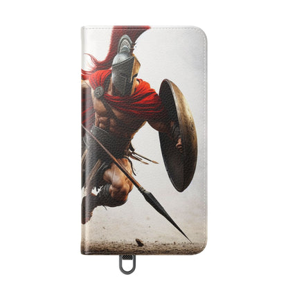Spartan Warrior Flip Phone Case - Leather Wallet Folio with Red Cape Battle Design