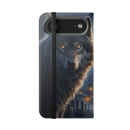 Wolf at Moonlit Ruins Flip Case — Mystical Nightscape Phone Wallet