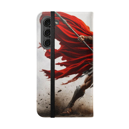 Spartan Warrior Flip Phone Case - Leather Wallet Folio with Red Cape Battle Design