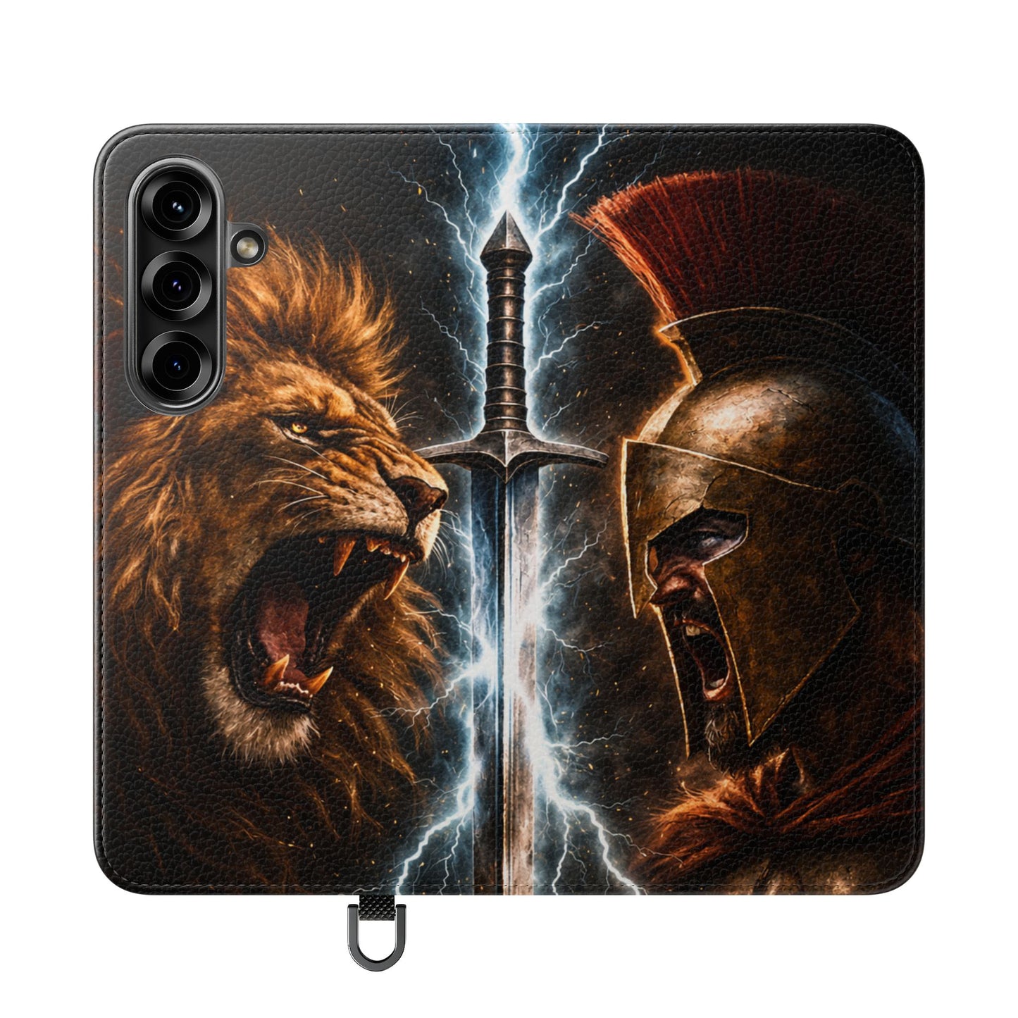 Warrior Lion & Spartan Helmet Flip Phone Case  Leather Folio Wallet Cover