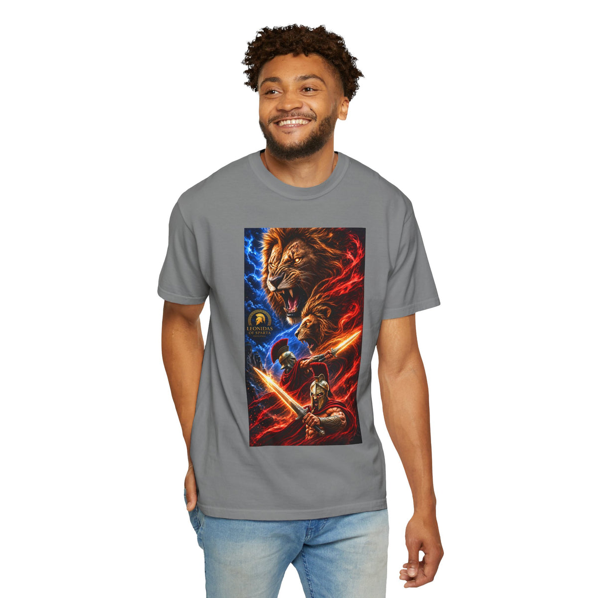Lion Warrior Graphic T-Shirt — Roaring Lion, Spartan Hero Design