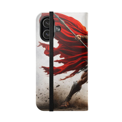 Spartan Warrior Flip Phone Case - Leather Wallet Folio with Red Cape Battle Design