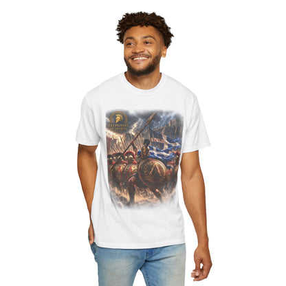 Spartan Warrior Battle T-Shirt — Ancient Greek Shield & Flag Graphic