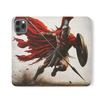 Spartan Warrior Flip Phone Case - Leather Wallet Folio with Red Cape Battle Design