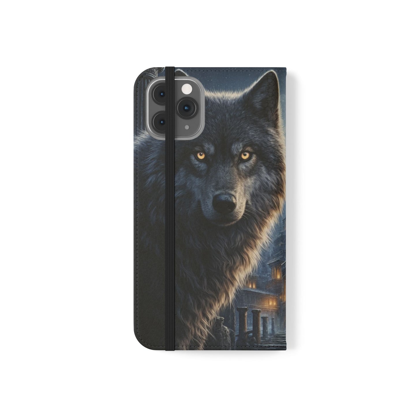 Wolf at Moonlit Ruins Flip Case — Mystical Nightscape Phone Wallet