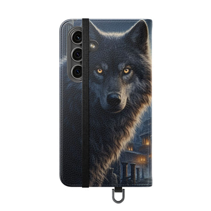 Wolf at Moonlit Ruins Flip Case — Mystical Nightscape Phone Wallet