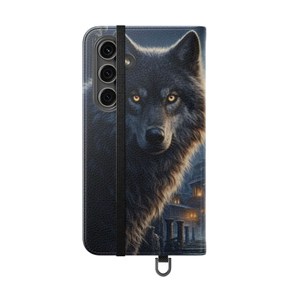 Wolf at Moonlit Ruins Flip Case — Mystical Nightscape Phone Wallet