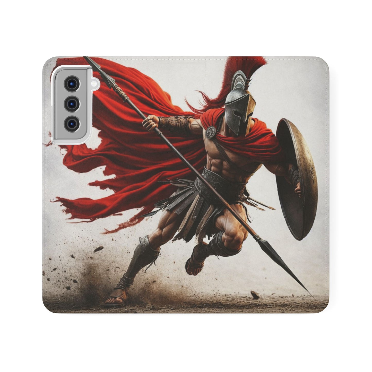 Spartan Warrior Flip Phone Case - Leather Wallet Folio with Red Cape Battle Design