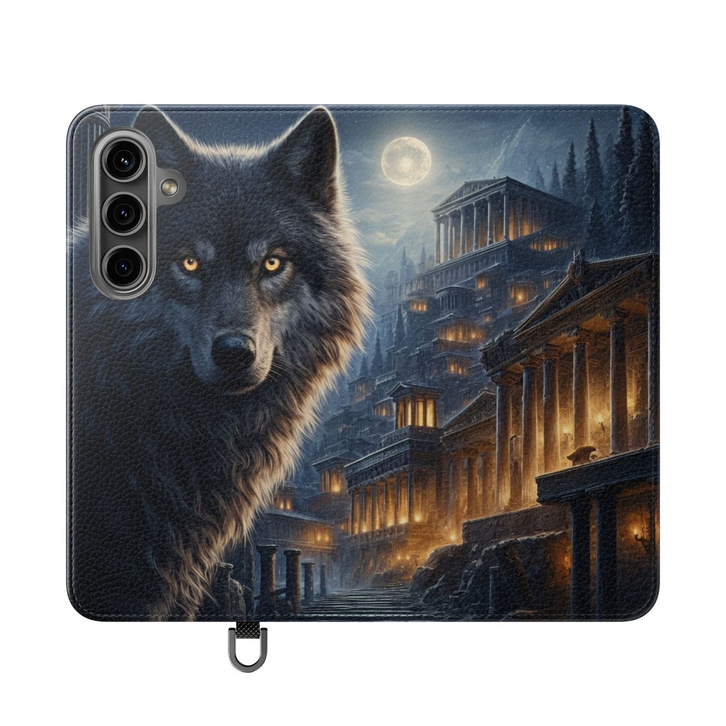 Wolf at Moonlit Ruins Flip Case — Mystical Nightscape Phone Wallet