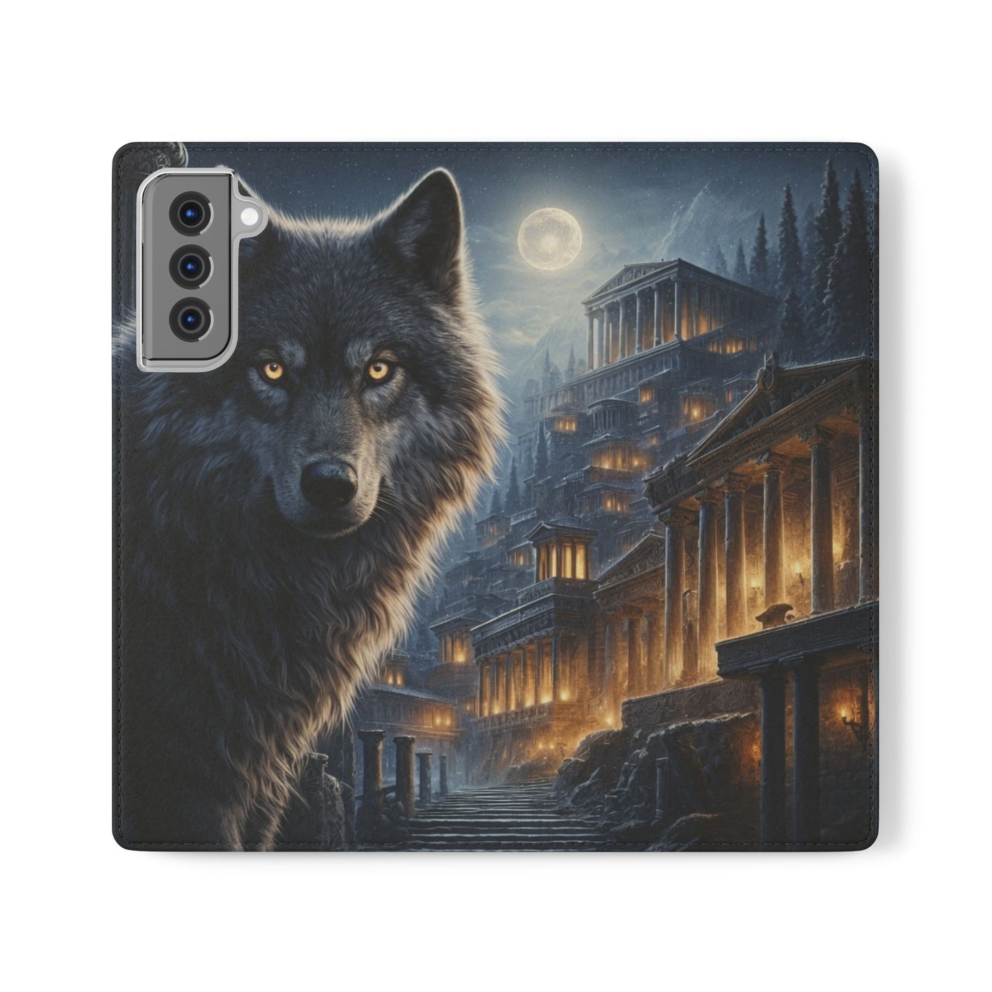 Wolf at Moonlit Ruins Flip Case — Mystical Nightscape Phone Wallet