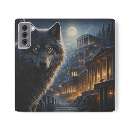 Wolf at Moonlit Ruins Flip Case — Mystical Nightscape Phone Wallet