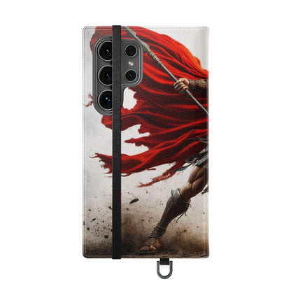 Spartan Warrior Flip Phone Case - Leather Wallet Folio with Red Cape Battle Design
