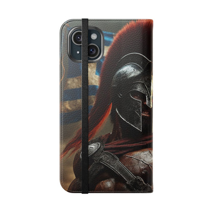 Spartan pride Flip Phone Case - Leather Wallet Flip Case with Greek Flag Design