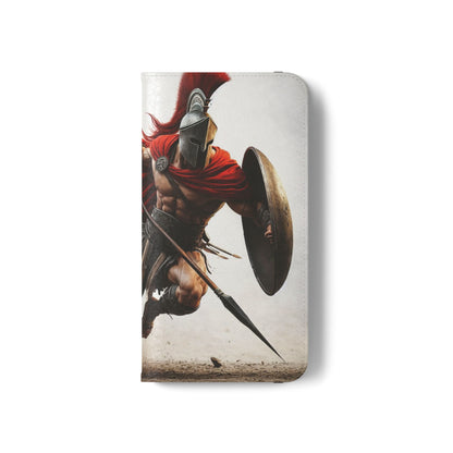 Spartan Warrior Flip Phone Case - Leather Wallet Folio with Red Cape Battle Design
