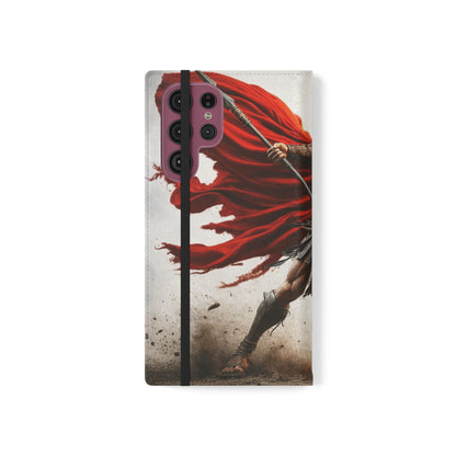 Spartan Warrior Flip Phone Case - Leather Wallet Folio with Red Cape Battle Design