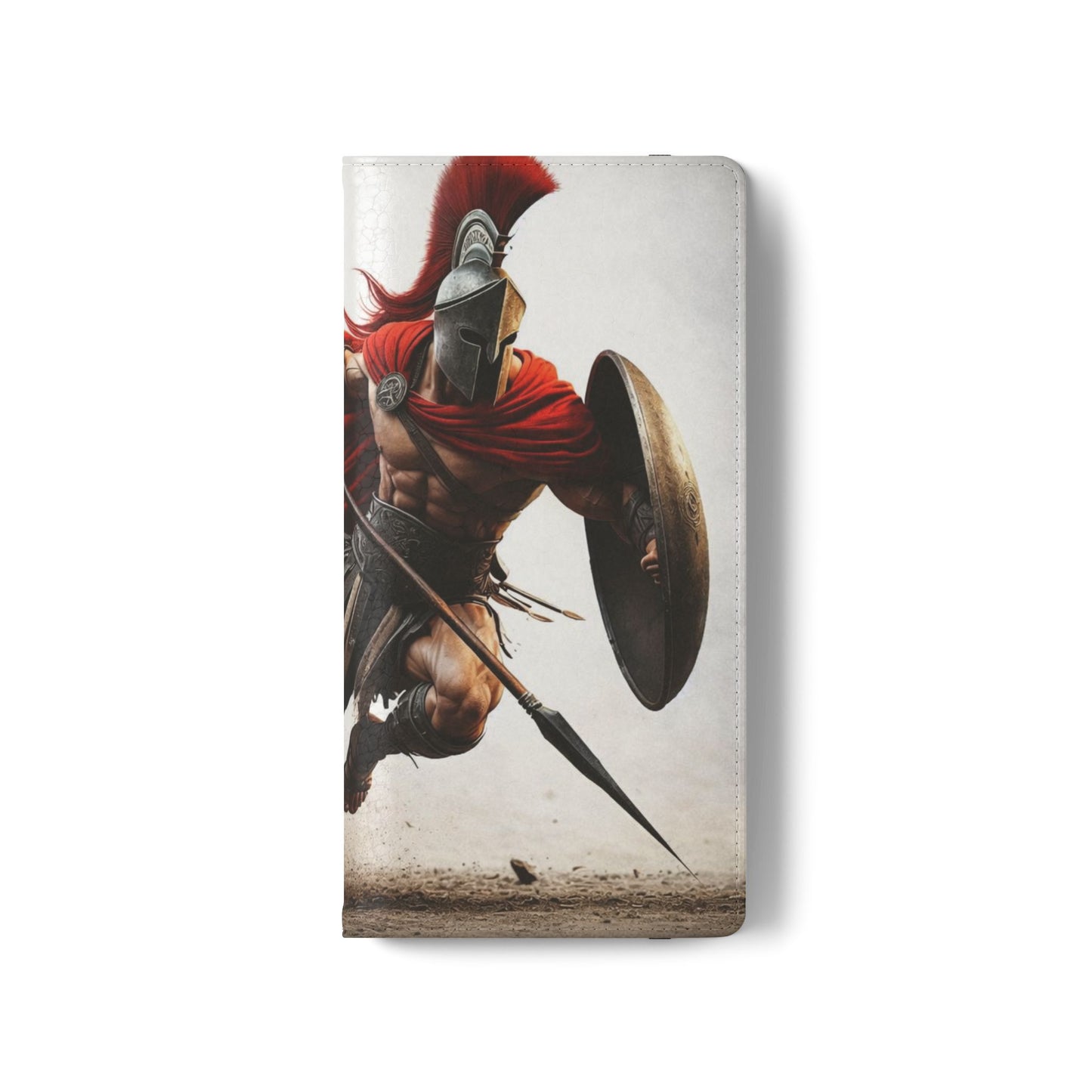 Spartan Warrior Flip Phone Case - Leather Wallet Folio with Red Cape Battle Design