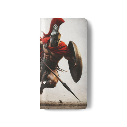 Spartan Warrior Flip Phone Case - Leather Wallet Folio with Red Cape Battle Design