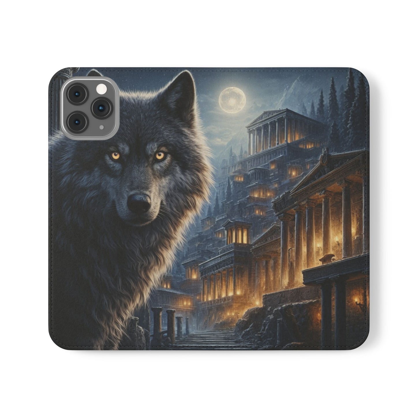Wolf at Moonlit Ruins Flip Case — Mystical Nightscape Phone Wallet