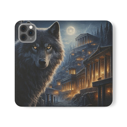 Wolf at Moonlit Ruins Flip Case — Mystical Nightscape Phone Wallet