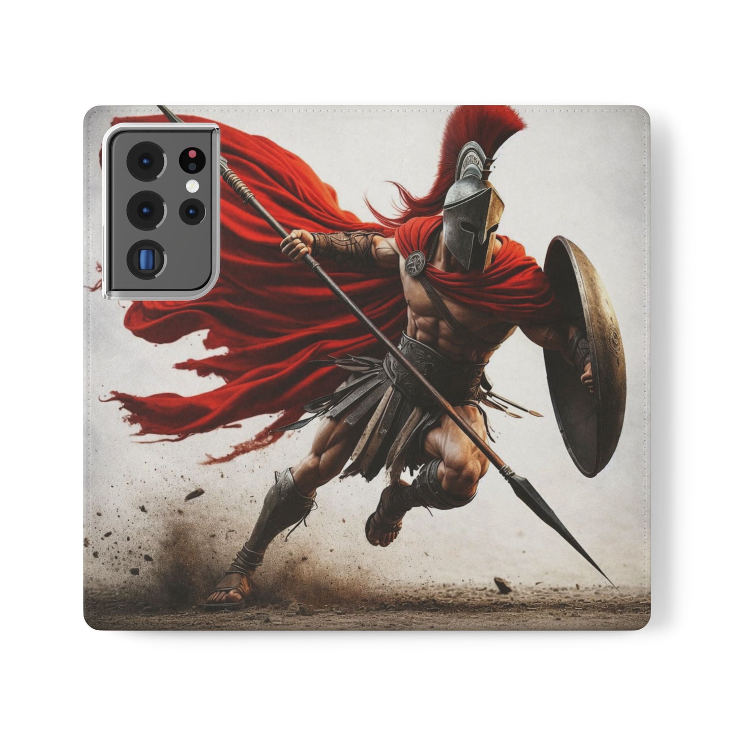 Spartan Warrior Flip Phone Case - Leather Wallet Folio with Red Cape Battle Design