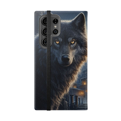 Wolf at Moonlit Ruins Flip Case — Mystical Nightscape Phone Wallet