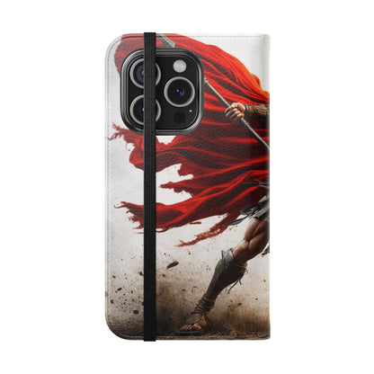 Spartan Warrior Flip Phone Case - Leather Wallet Folio with Red Cape Battle Design