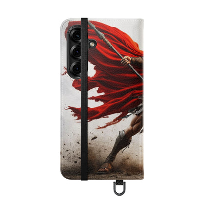 Spartan Warrior Flip Phone Case - Leather Wallet Folio with Red Cape Battle Design