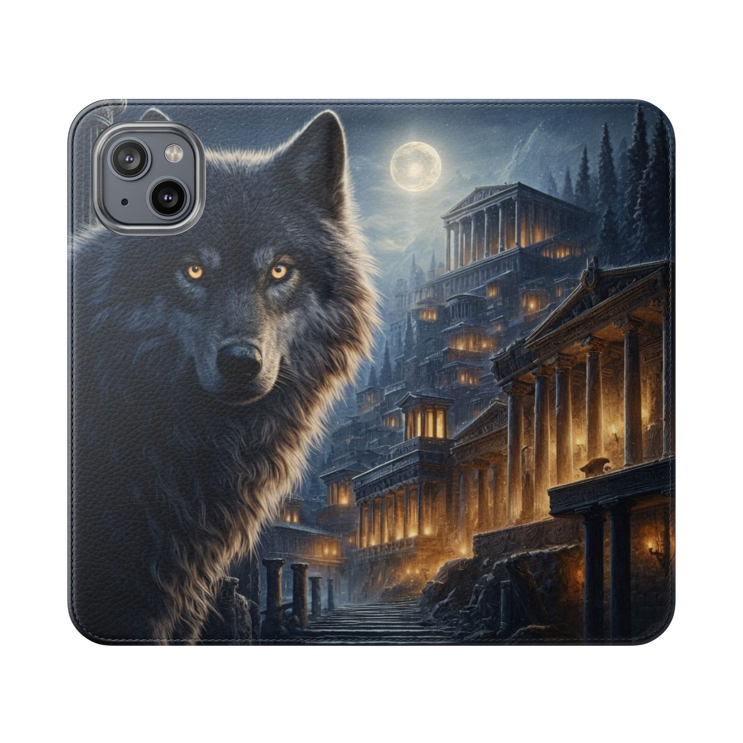 Wolf at Moonlit Ruins Flip Case — Mystical Nightscape Phone Wallet