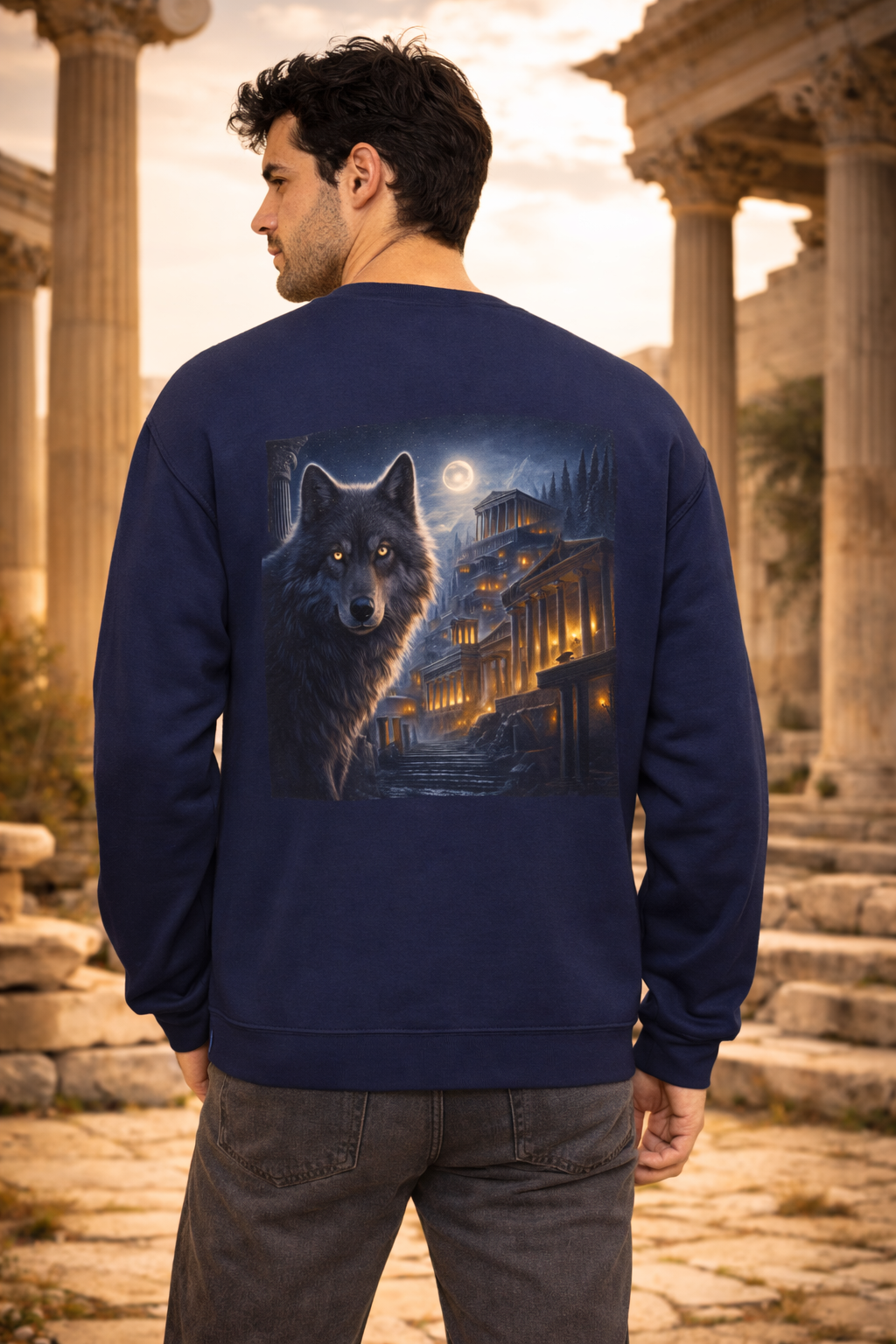 Crewneck Sweatshirt —  Moonlit Wolf Back Graphic