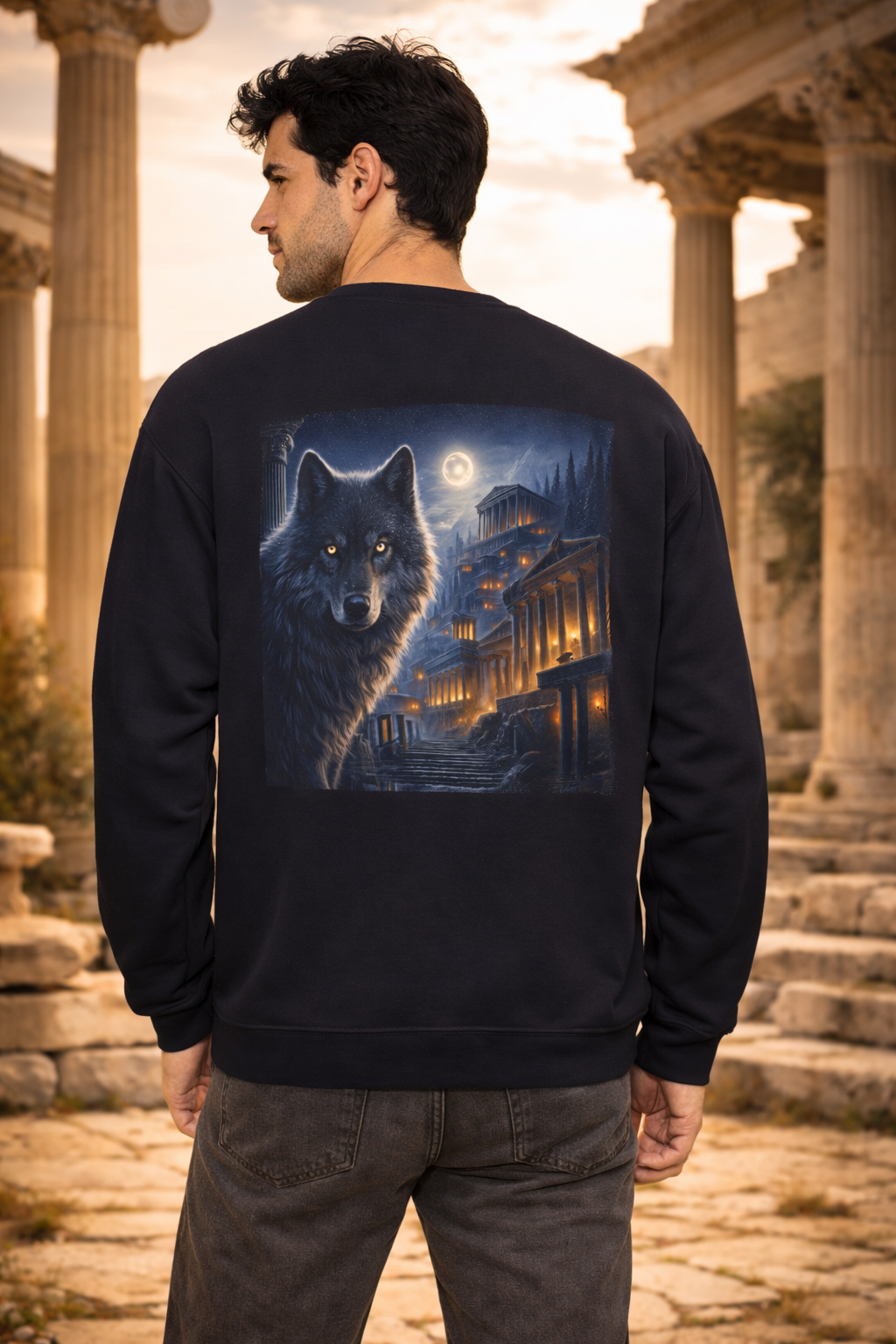 Crewneck Sweatshirt —  Moonlit Wolf Back Graphic