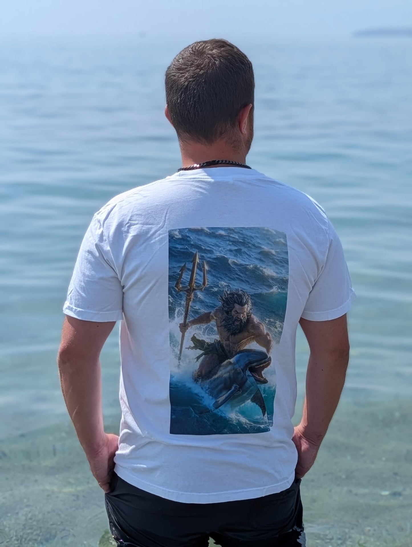 T-Shirt — Poseidon Surfing with Dolphin Graphic Tee