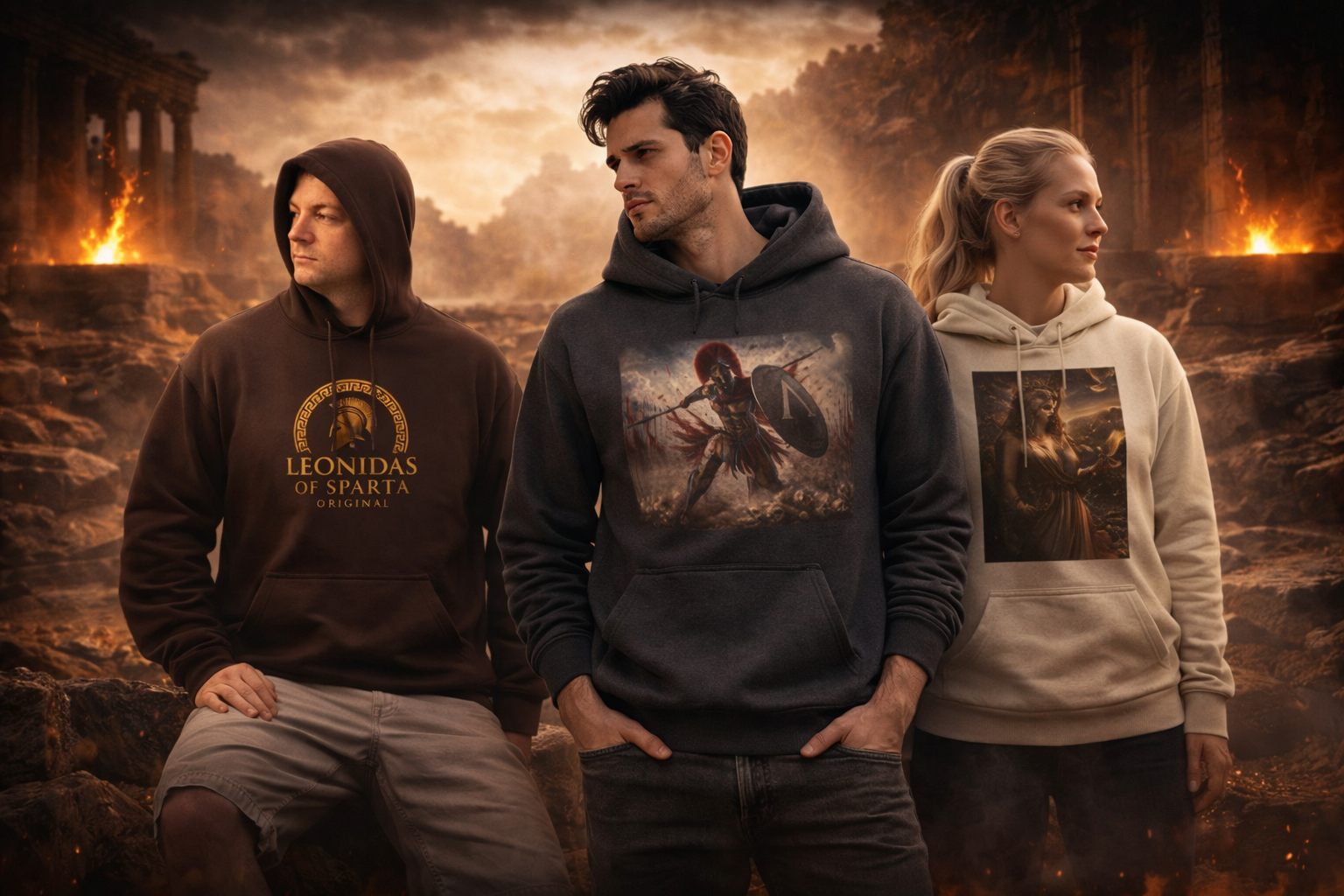 Men’s and women’s Spartan hoodies with Greek mythology designs by Leonidas of Sparta Original, displayed in a dramatic ancient warrior setting.