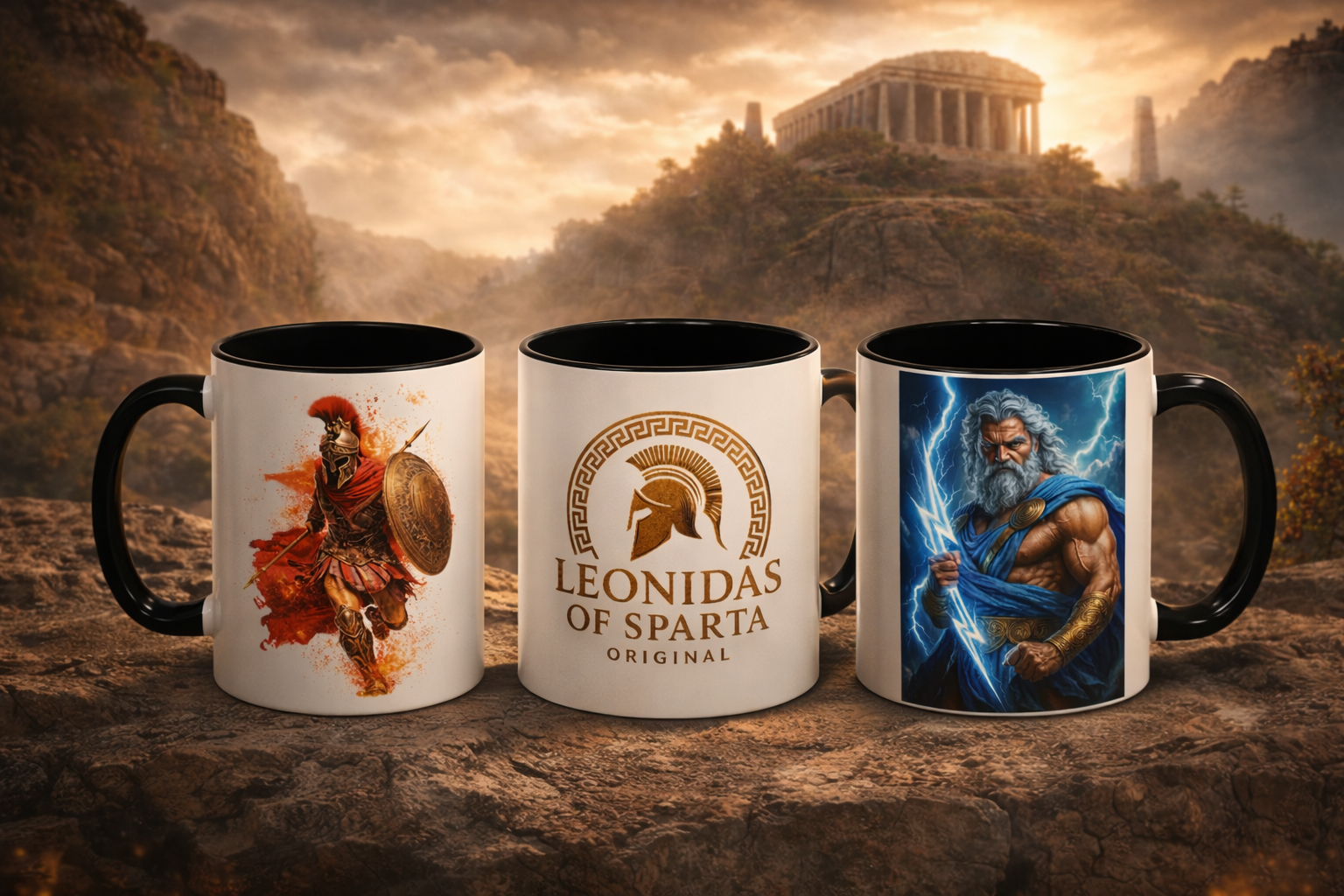 Spartan and Greek mythology mugs by Leonidas of Sparta Original, including warrior, logo, and Zeus designs, displayed in a dramatic ancient setting.