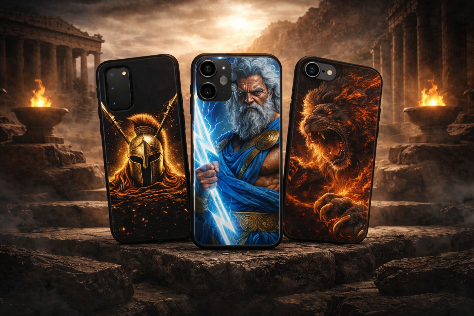 Greek mythology phone cases by Leonidas of Sparta Original featuring Spartan warrior helmet, Zeus lightning design, and flaming lion artwork in a dramatic ancient ruins setting.