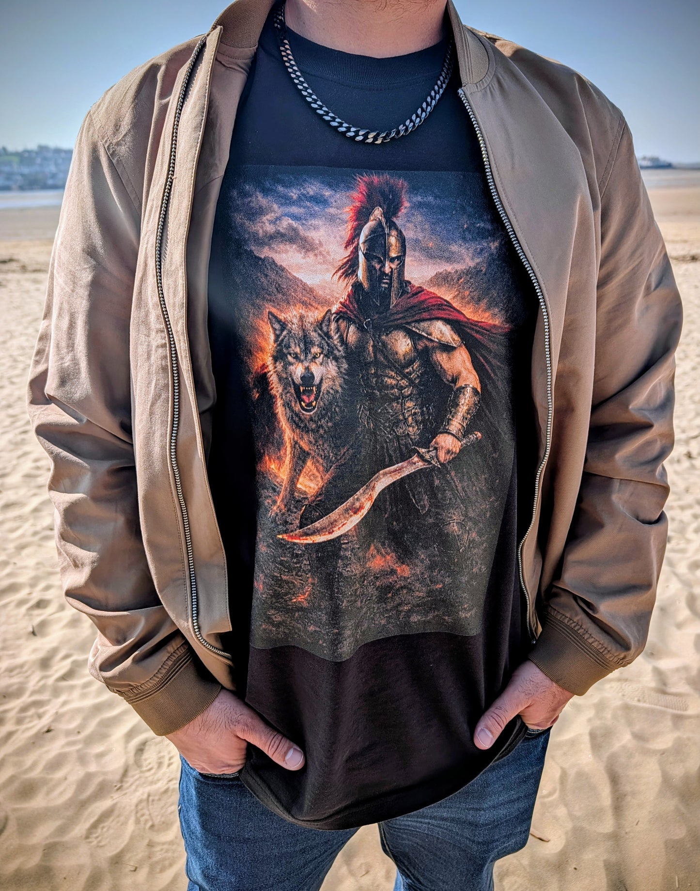 Spartan Warrior & Wolf Graphic T-Shirt