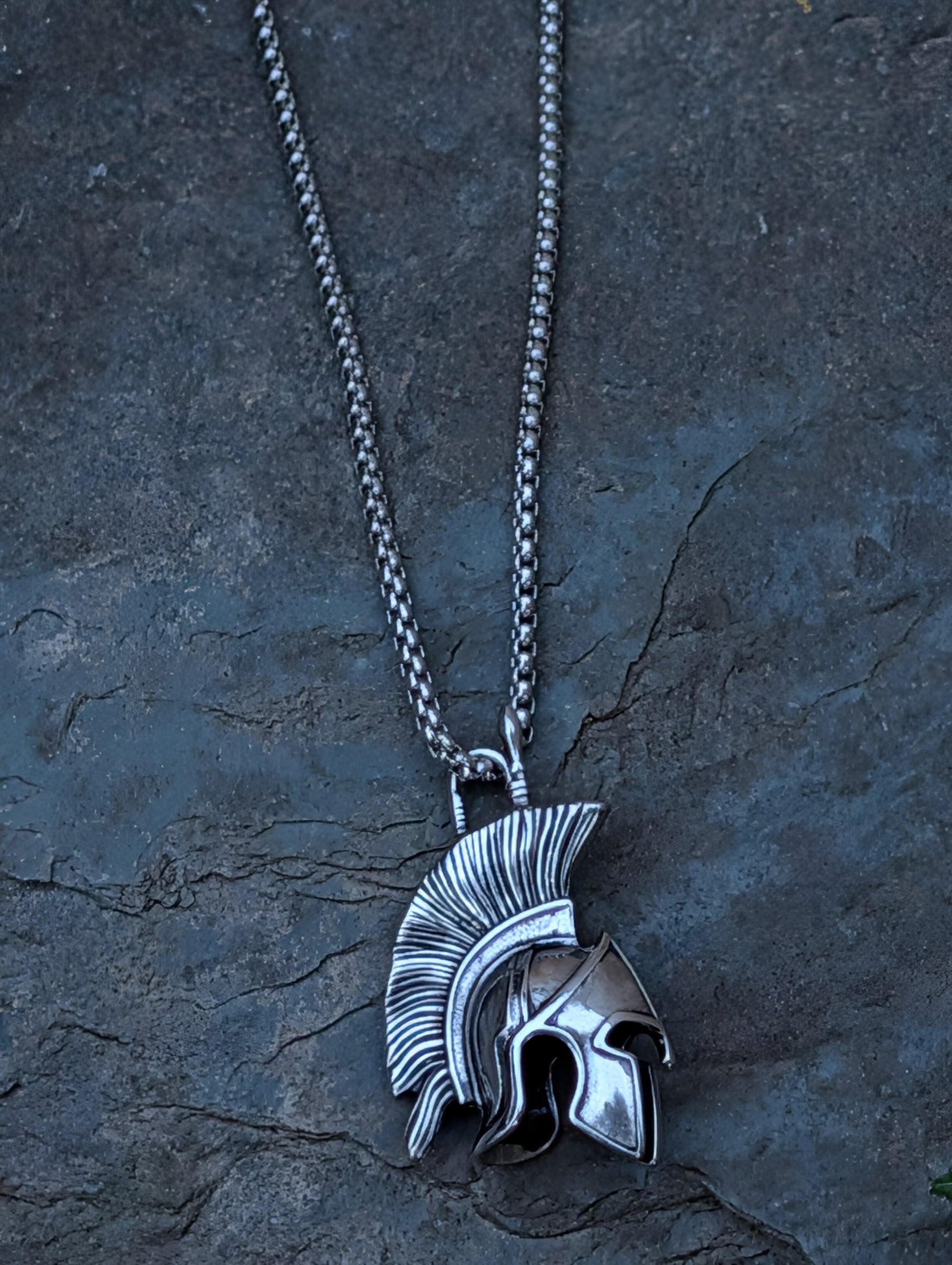 Silver Spartan Legacy Necklace with detailed warrior helmet pendant