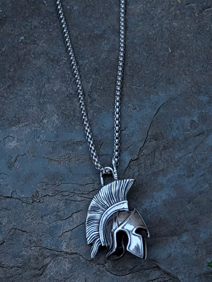 Silver Spartan Legacy Necklace with detailed warrior helmet pendant