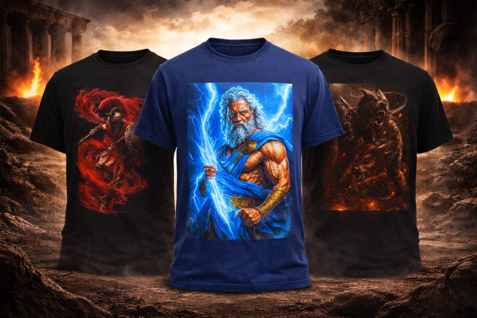 Greek mythology t-shirts showing Zeus with lightning, Spartan warrior design, and Cerberus dog in a fiery ancient battlefield scene