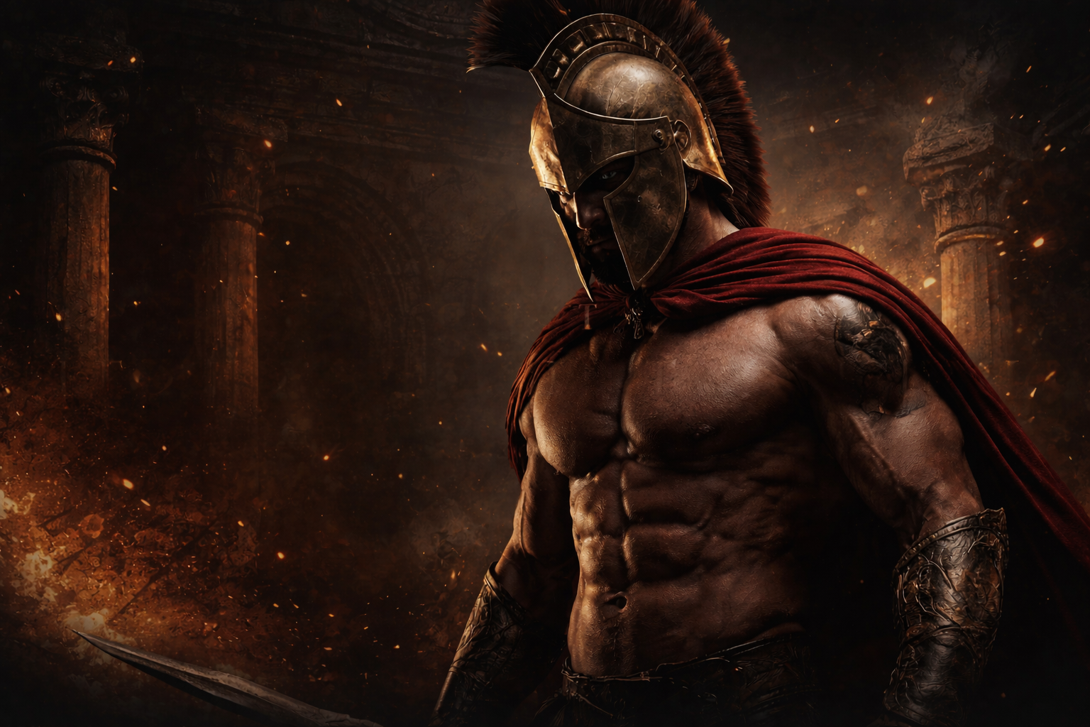 Spartan warrior wearing a bronze helmet and red cape standing in a dark ancient temple with glowing embers and dramatic lighting