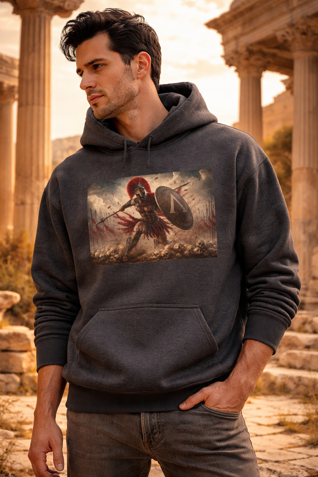 Spartan Battlefield Hoodie — Ancient Warrior Graphic Hoodie